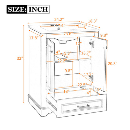 24" Bathroom Vanity with Sink, Modern Bathroom Vanity with White Ceramic Sink & Drawer, 3-Level Adjustable Shelf, Solid Wood Frame, for Small Bathroom,White