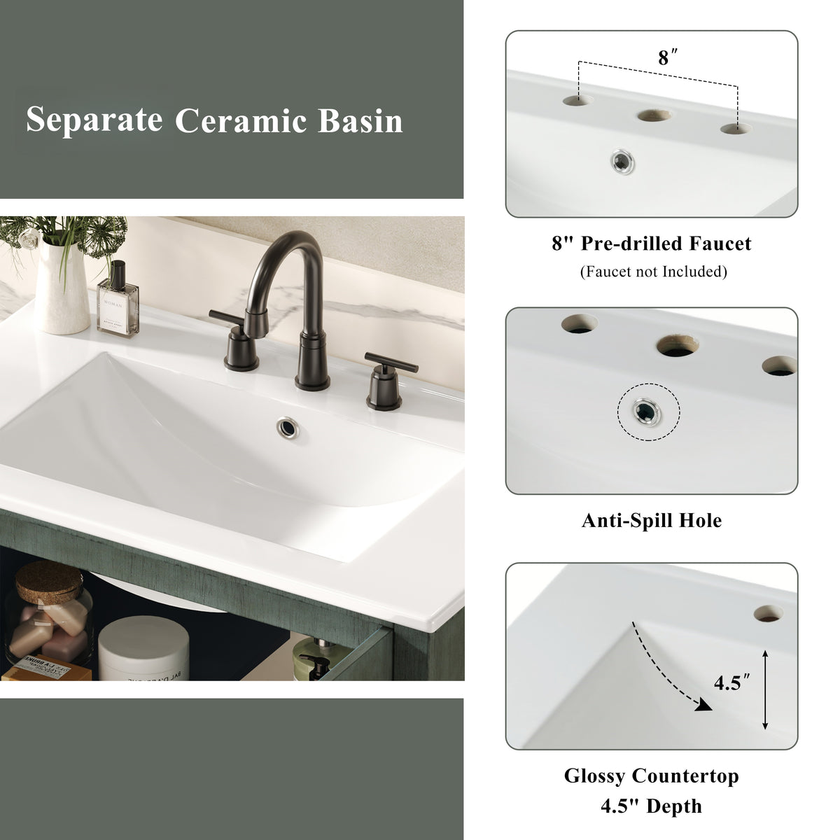 31" Bathroom Vanity with Sink, Antique Bathroom Vanity with Rectangular Ceramic Sink & Tip-Out Tray, Rubber Wood Legs, Soft Close Door,Antique blue green