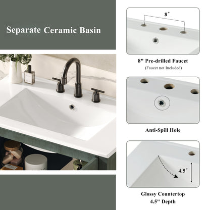 31" Bathroom Vanity with Sink, Antique Bathroom Vanity with Rectangular Ceramic Sink & Tip-Out Tray, Rubber Wood Legs, Soft Close Door,Antique blue green