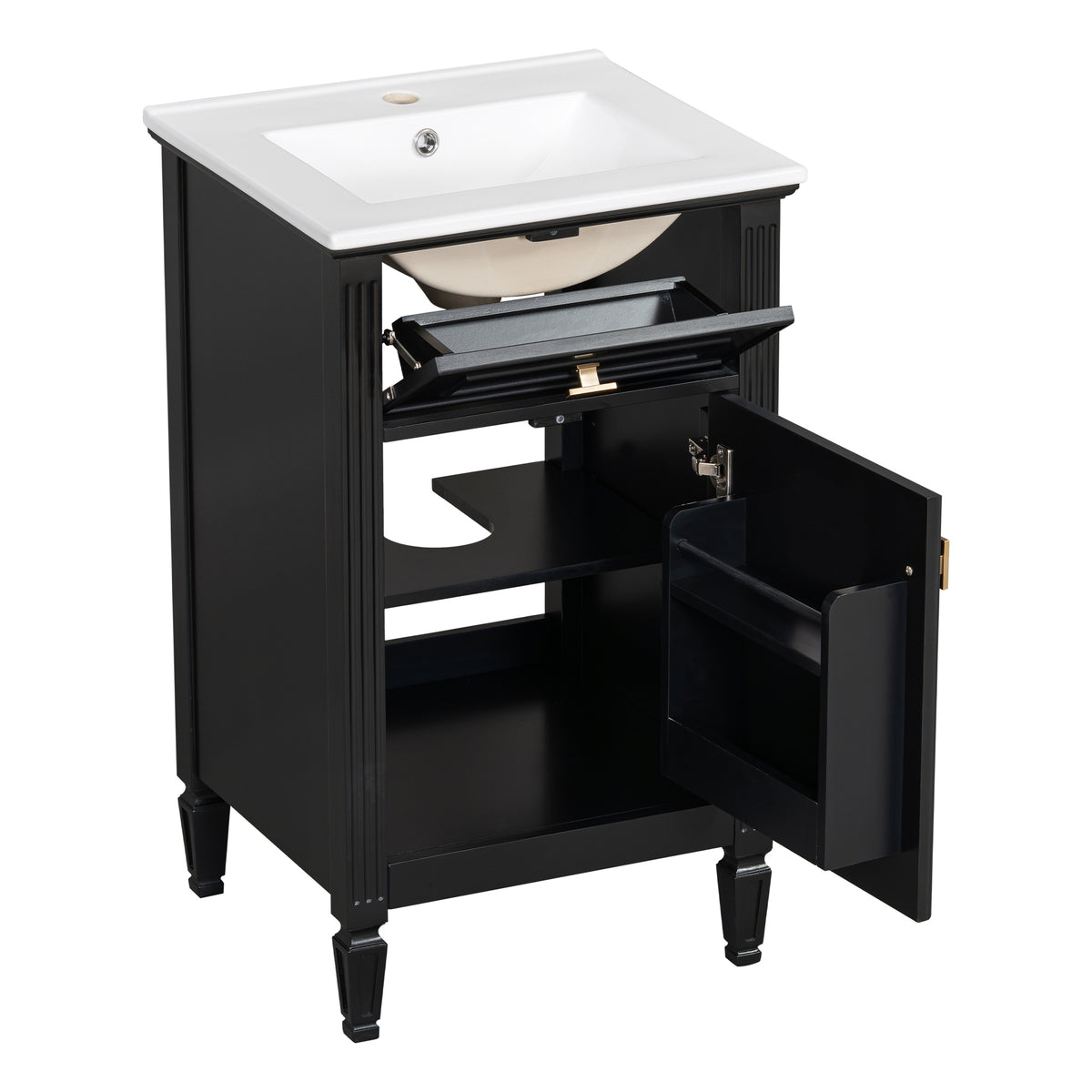 20" Bathroom Vanity with Sink, Small Freestanding Bathroom Vanity Cabinet with Tilt-Out Drawer & Adjustable Shelf, Soft Close Door, Gold Knobs,Black