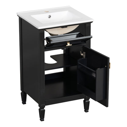 20" Bathroom Vanity with Sink, Small Freestanding Bathroom Vanity Cabinet with Tilt-Out Drawer & Adjustable Shelf, Soft Close Door, Gold Knobs,Black