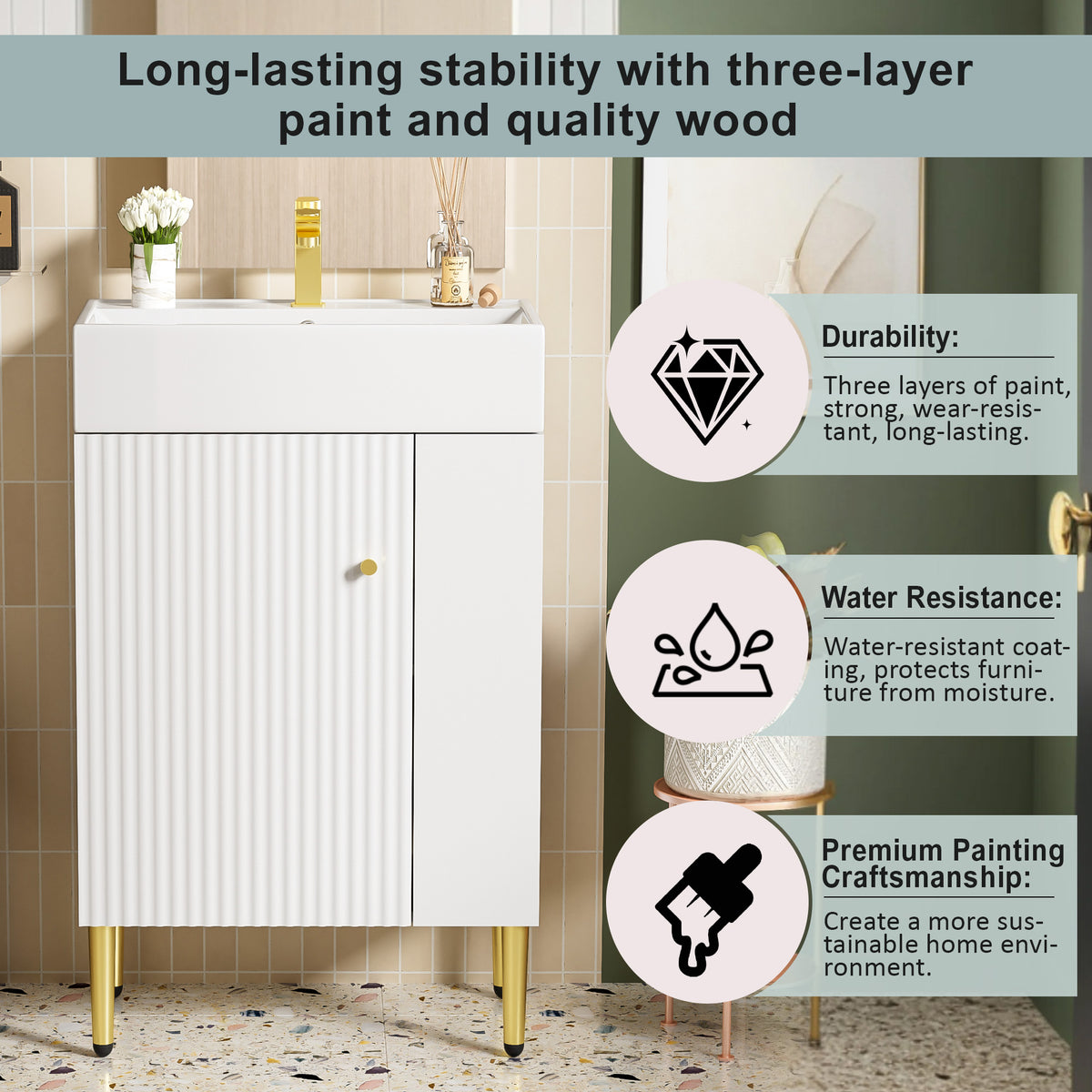21.6" Bathroom Vanity with Sink, Slim Freestanding Bathroom Vanity Cabinet with Ceramic Sink & Overflow, Gold Metal Legs, Soft Close Door, for Small Bathroom,,White