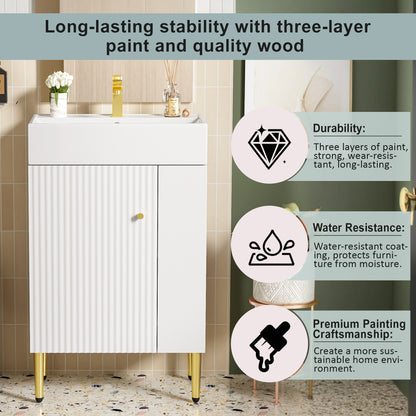21.6" Bathroom Vanity with Sink, Slim Freestanding Bathroom Vanity Cabinet with Ceramic Sink & Overflow, Gold Metal Legs, Soft Close Door, for Small Bathroom,,White
