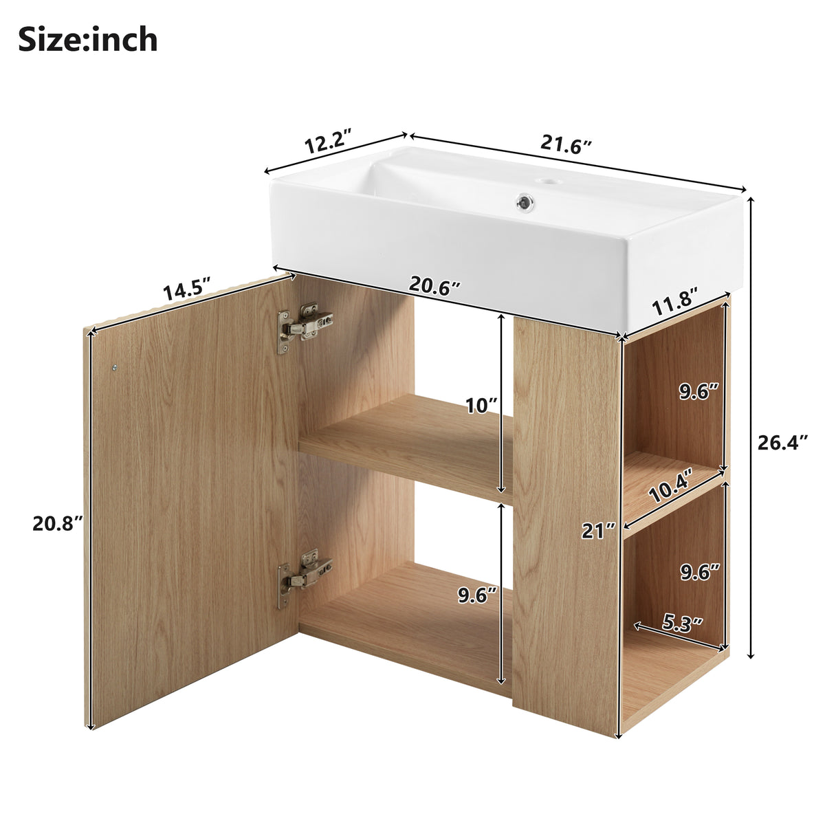 21.6" Floating Bathroom Vanity with Sink, Slim Wall Mounted Bathroom Vanity with Ceramic Basin & Overflow, Wave Pattern Door with Rose Gold Handle, Soft Close Door,Wood