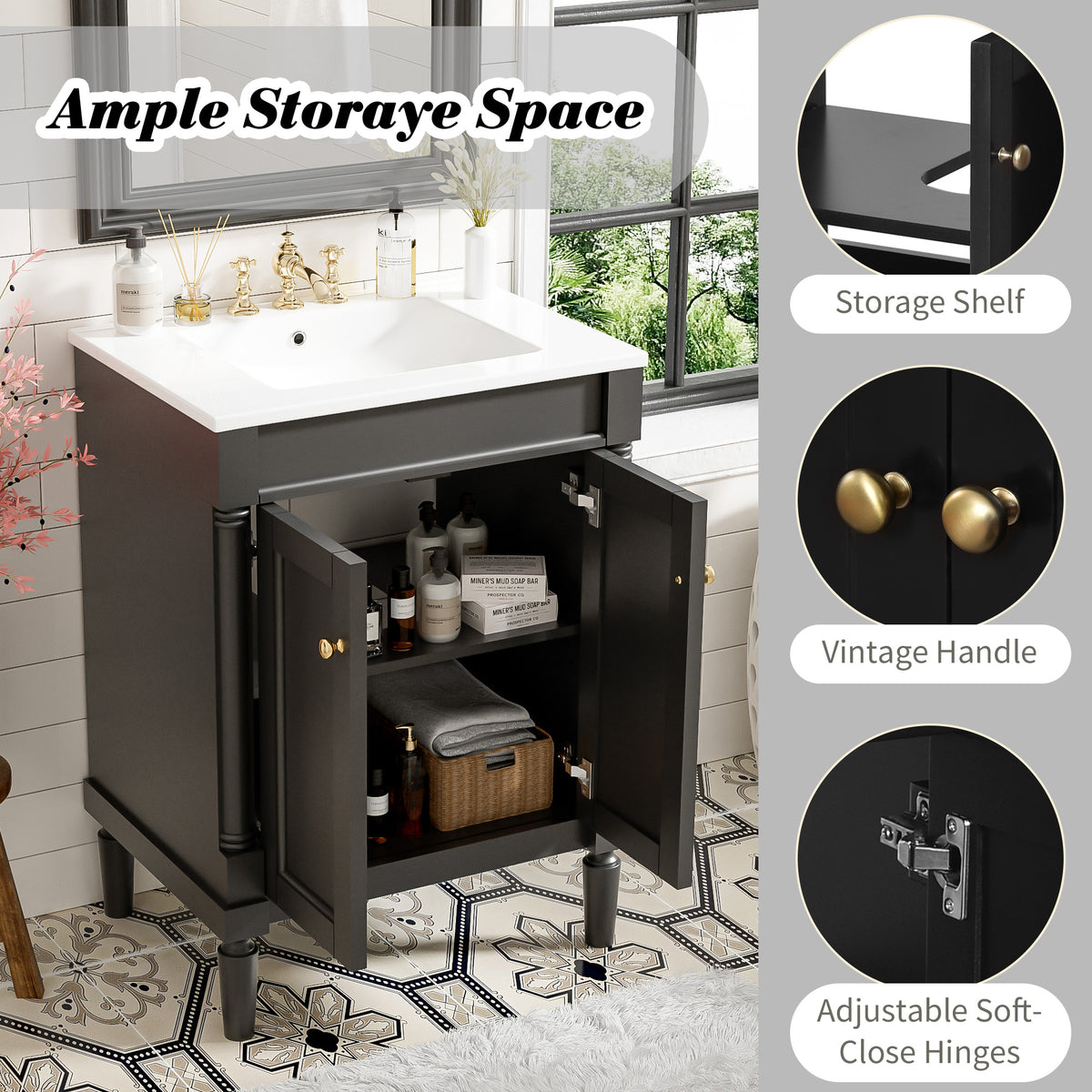 24" Bathroom Vanity with Sink, Modern Bathroom Vanity Cabinet with Enclosed Storage Door, 32mm Faucet Hole Ceramic Basin, Easy Assembly,Black