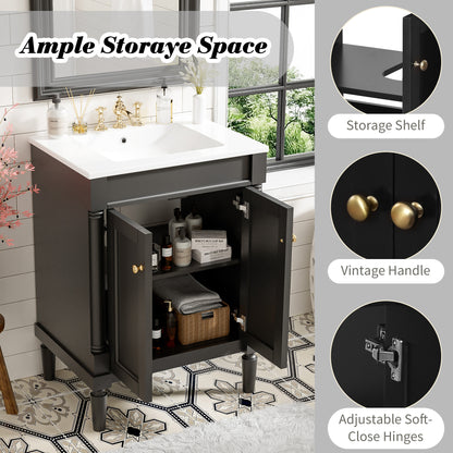 24" Bathroom Vanity with Sink, Modern Bathroom Vanity Cabinet with Enclosed Storage Door, 32mm Faucet Hole Ceramic Basin, Easy Assembly,Black