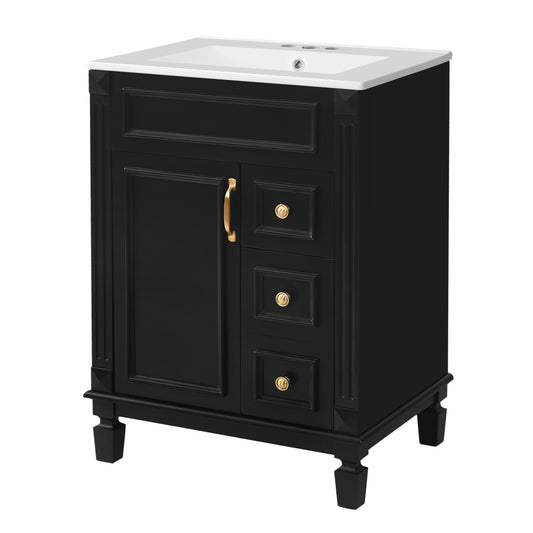 24" Bathroom Vanity with Sink, French Style Bathroom Vanity with 2 Deep Drawers & Adjustable Shelf, Ceramic Sink for 4-Inch Faucet, Soft Close Door,Black