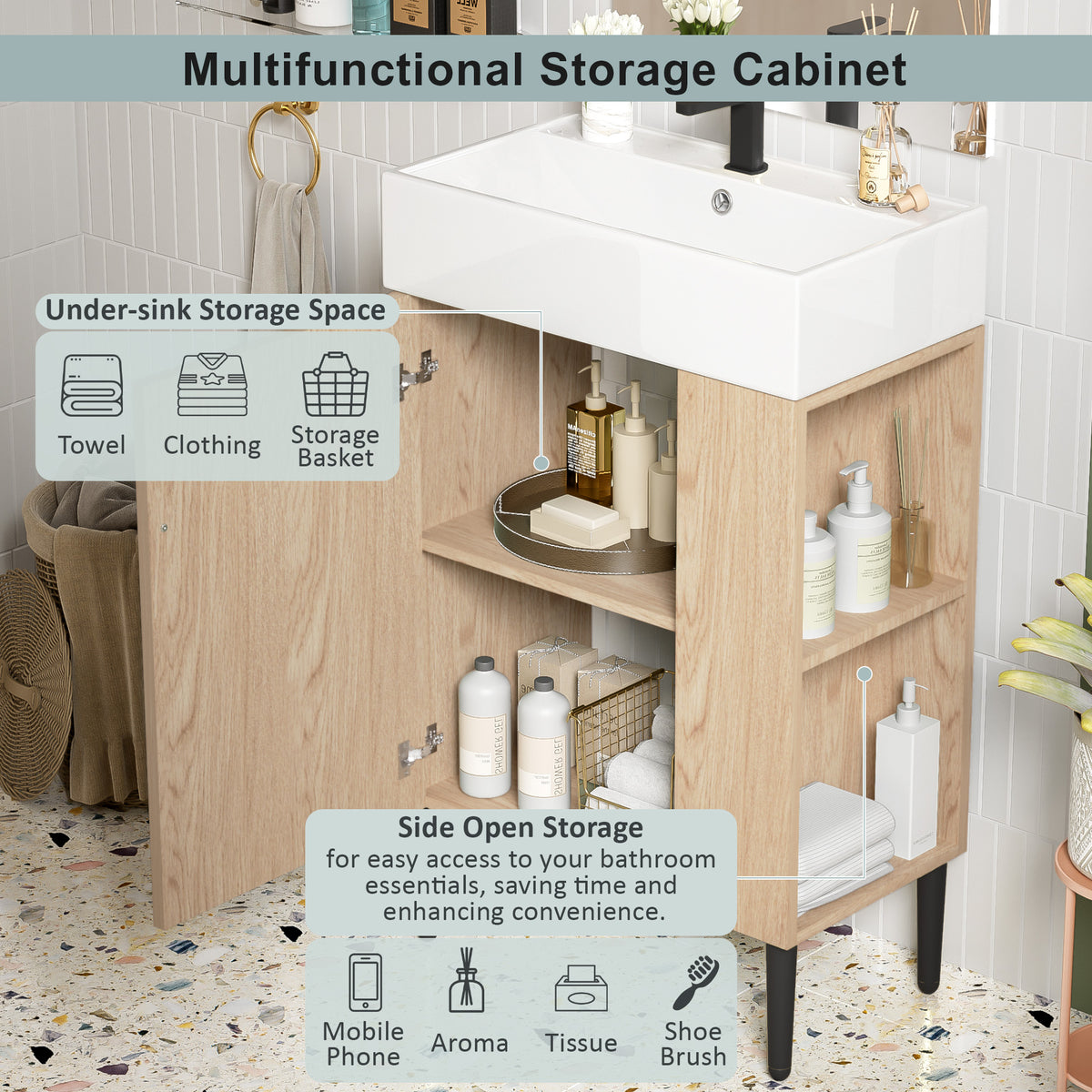 21.6" Bathroom Vanity with Sink, Slim Freestanding Bathroom Vanity Cabinet with Ceramic Sink & Overflow, Gold Metal Legs, Soft Close Door, for Small Bathroom,,Wood