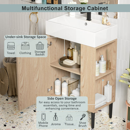 21.6" Bathroom Vanity with Sink, Slim Freestanding Bathroom Vanity Cabinet with Ceramic Sink & Overflow, Gold Metal Legs, Soft Close Door, for Small Bathroom,,Wood
