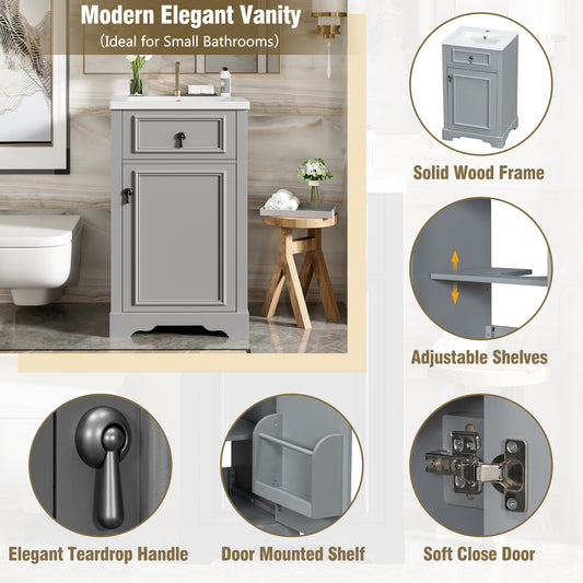 20" Bathroom Vanity with Sink, Classic Modern Bathroom Vanity Cabinet with U-Shaped Adjustable Shelf & Door Rack, Soft Close Door, Aluminum Handle,Grey