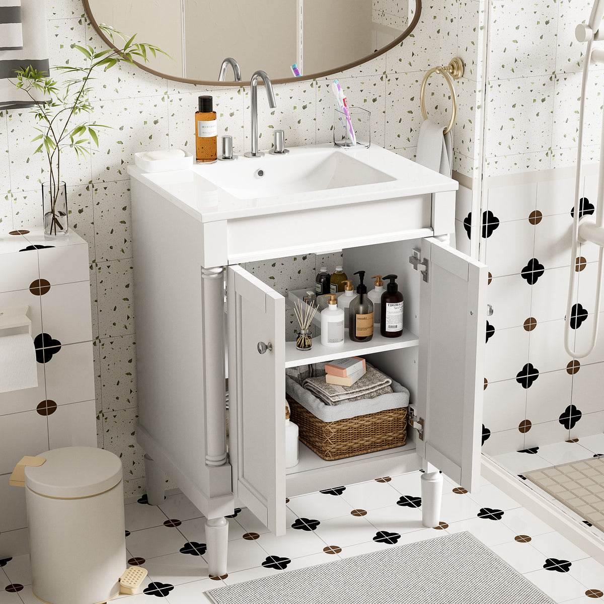 24" Bathroom Vanity with Sink, Modern Bathroom Vanity Cabinet with Enclosed Storage Door, 32mm Faucet Hole Ceramic Basin, Easy Assembly,White