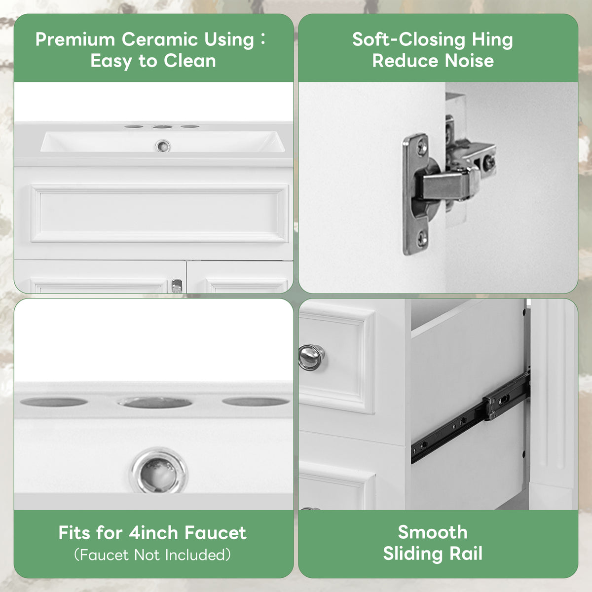 24" Bathroom Vanity with Sink, French Style Bathroom Vanity with 2 Deep Drawers & Adjustable Shelf, Ceramic Sink for 4-Inch Faucet, Soft Close Door,White