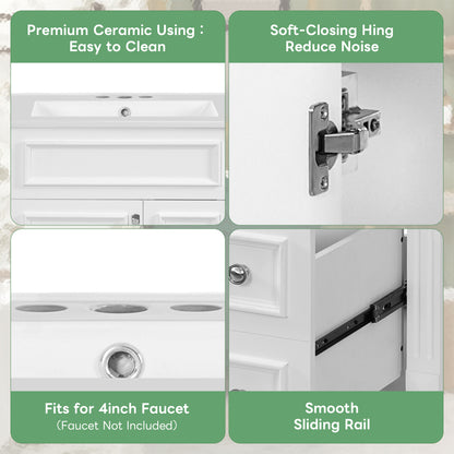 24" Bathroom Vanity with Sink, French Style Bathroom Vanity with 2 Deep Drawers & Adjustable Shelf, Ceramic Sink for 4-Inch Faucet, Soft Close Door,White