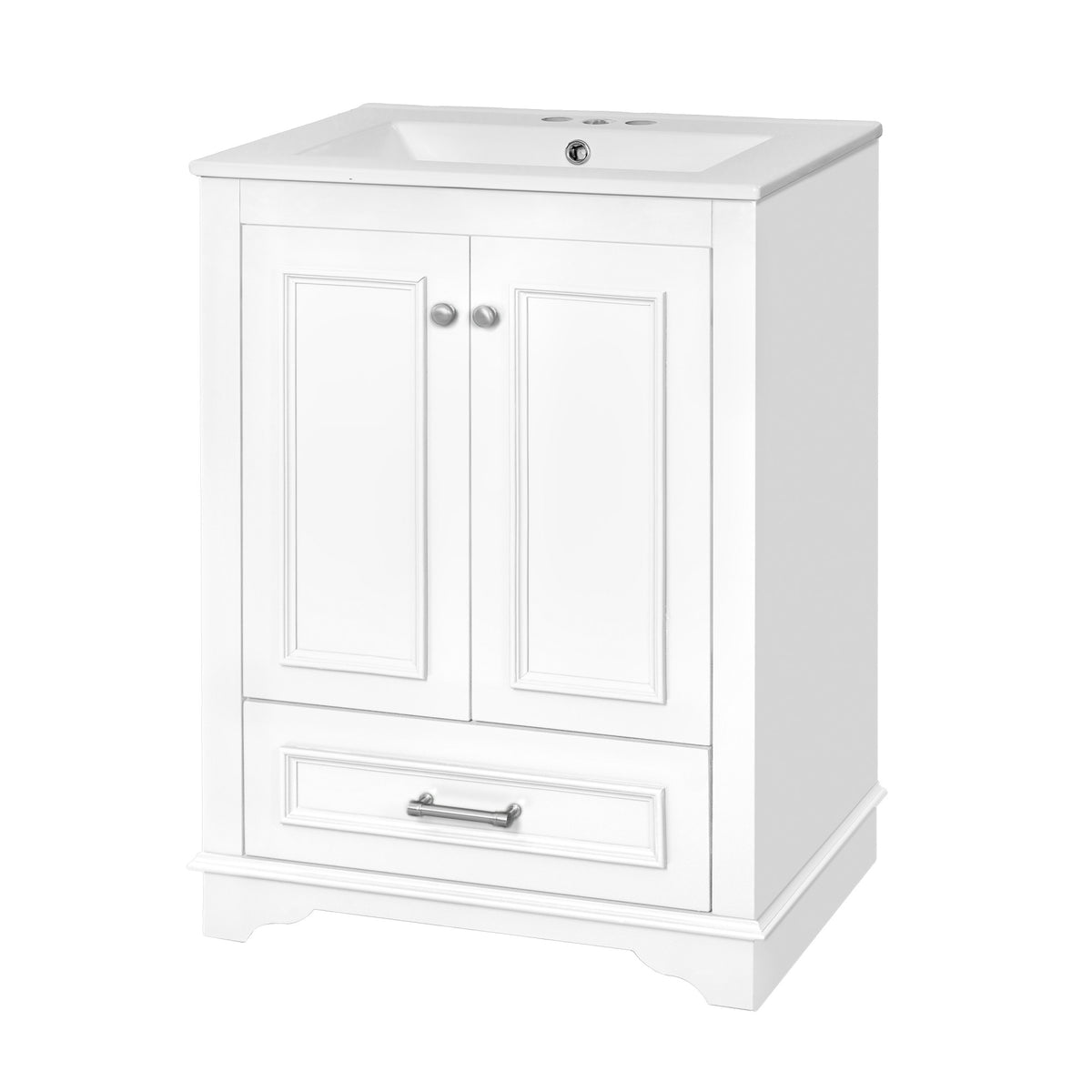 24" Bathroom Vanity with Sink, Modern Bathroom Vanity with White Ceramic Sink & Drawer, 3-Level Adjustable Shelf, Solid Wood Frame, for Small Bathroom,White