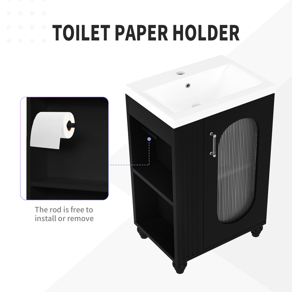20" Bathroom Vanity with Sink, Small Bathroom Vanity Cabinet with 2-Tier Side Shelf & Toilet Paper Holder, Adjustable Shelf, Ceramic Sink Basin。Black