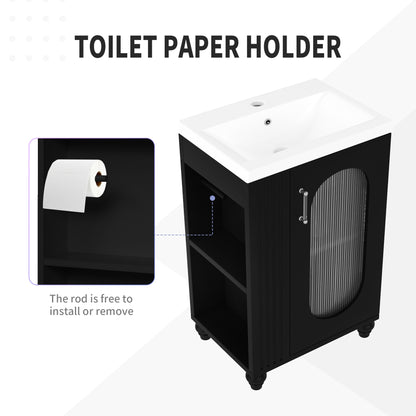 20" Bathroom Vanity with Sink, Small Bathroom Vanity Cabinet with 2-Tier Side Shelf & Toilet Paper Holder, Adjustable Shelf, Ceramic Sink Basin。Black