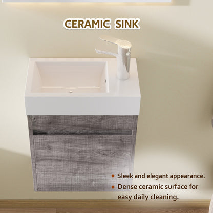 18" Floating Bathroom Vanity with Sink, Modern Wall Mounted Bathroom Vanity with Glossy White Ceramic Sink & Countertop, Soft Close Door, Plywood Storage Cabinet,Grey