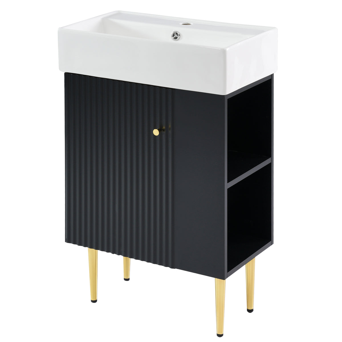 21.6" Bathroom Vanity with Sink, Slim Freestanding Bathroom Vanity Cabinet with Ceramic Sink & Overflow, Gold Metal Legs, Soft Close Door, for Small Bathroom,,Black