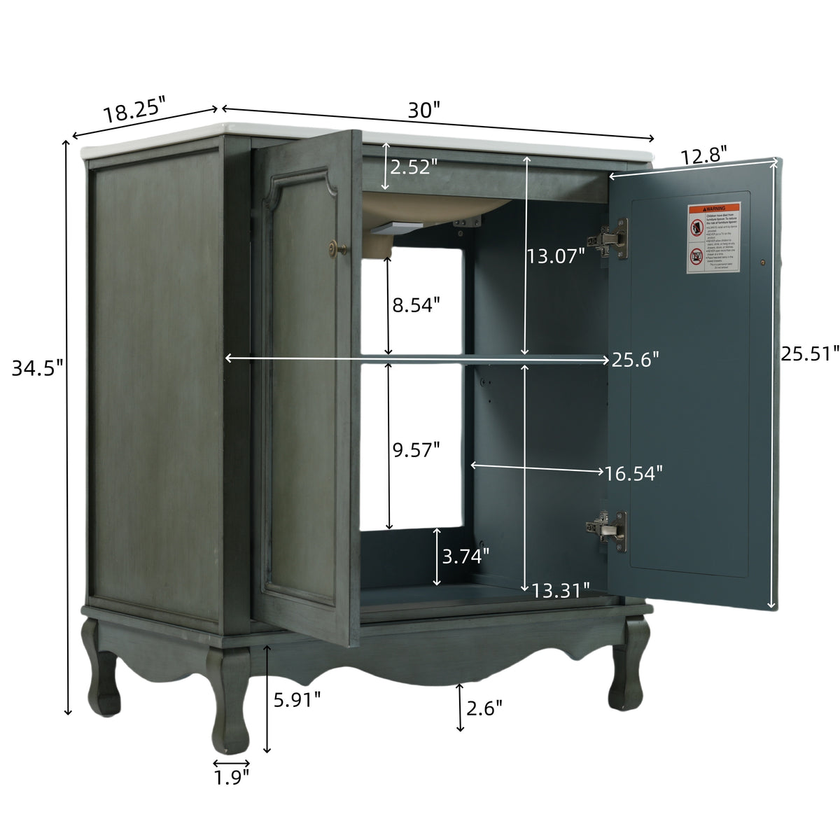 31" Bathroom Vanity with Sink, Antique Bathroom Vanity with Rectangular Ceramic Sink & Tip-Out Tray, Rubber Wood Legs, Soft Close Door,Antique blue green