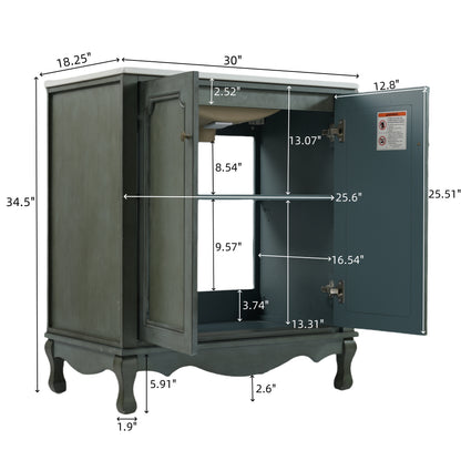 31" Bathroom Vanity with Sink, Antique Bathroom Vanity with Rectangular Ceramic Sink & Tip-Out Tray, Rubber Wood Legs, Soft Close Door,Antique blue green