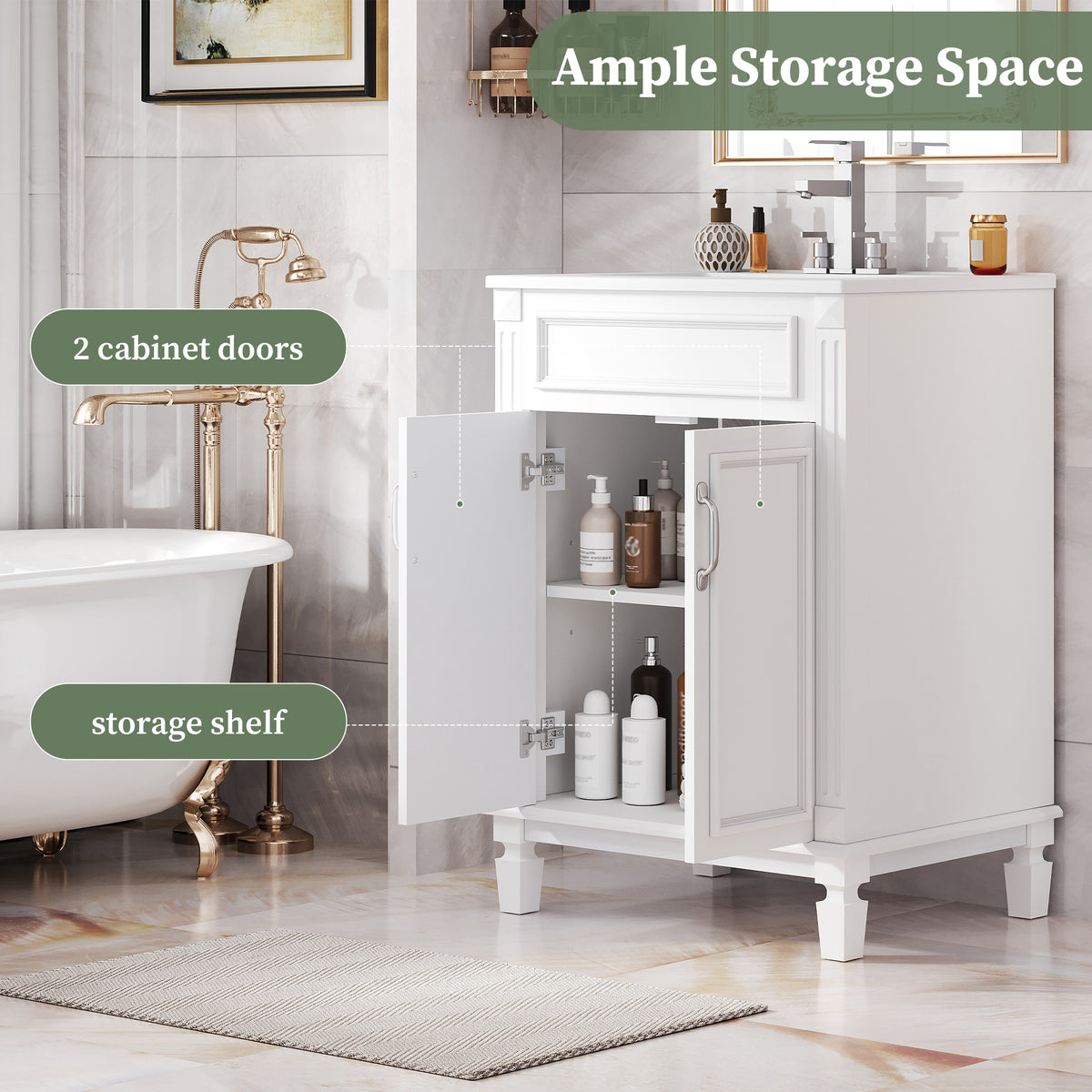 24" Bathroom Vanity with Sink, French Style Bathroom Vanity with Carved Legs & Drawer, Adjustable Shelf, Back Cutout for Plumbing, Soft Close Door,White