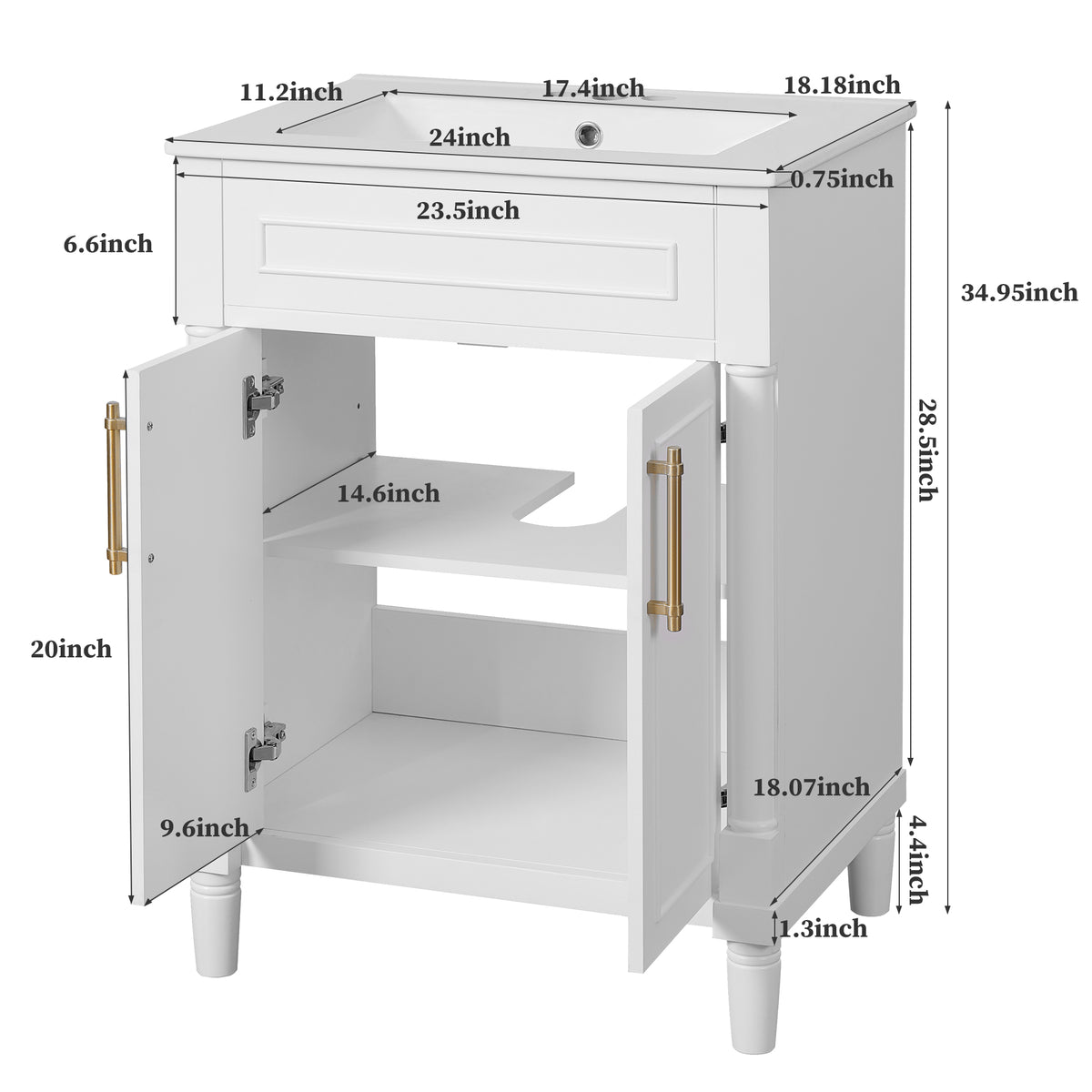 24" Bathroom Vanity with Sink, Modern Bathroom Vanity with Half-Moon Ceramic Sink for 4" Faucet, Adjustable Shelf & Painted Finish, for Small Bathroom,White