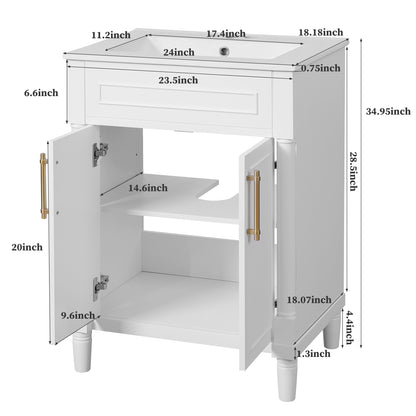24" Bathroom Vanity with Sink, Modern Bathroom Vanity with Half-Moon Ceramic Sink for 4" Faucet, Adjustable Shelf & Painted Finish, for Small Bathroom,White