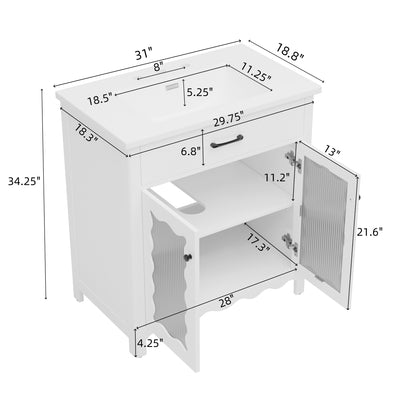 31" Bathroom Vanity with Sink, Modern Bathroom Vanity with Tempered Glass Doors & Deep Ceramic Sink, Soft Close Door, Adjustable Shelf, Curved Design,White