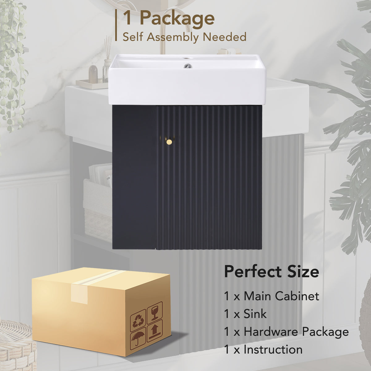 21.6" Floating Bathroom Vanity with Sink, Slim Wall Mounted Bathroom Vanity with Ceramic Basin & Overflow, Wave Pattern Door with Rose Gold Handle, Soft Close Door,Black