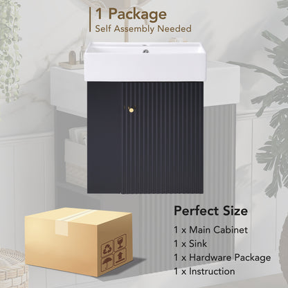21.6" Floating Bathroom Vanity with Sink, Slim Wall Mounted Bathroom Vanity with Ceramic Basin & Overflow, Wave Pattern Door with Rose Gold Handle, Soft Close Door,Black