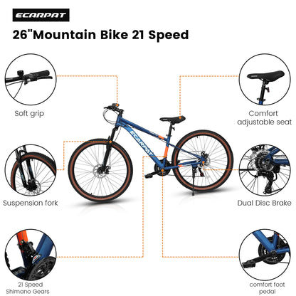 27.5 Inch Aluminum Mountain Bike Shimano 21 Speed Dual Disc Brake Front Suspension For Women Blue Orange