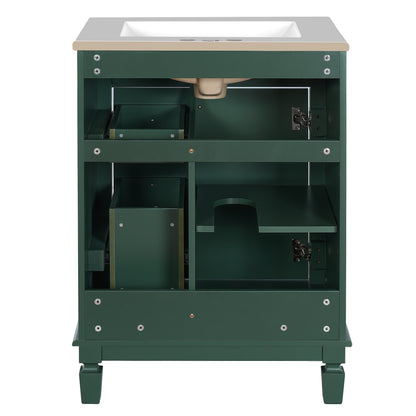 24" Bathroom Vanity with Sink, French Style Bathroom Vanity with 2 Deep Drawers & Adjustable Shelf, Ceramic Sink for 4-Inch Faucet, Soft Close Door,Green