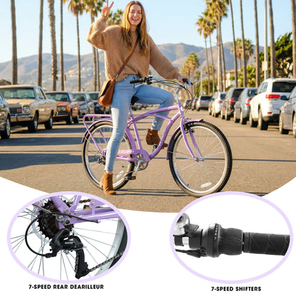 26" Beach Cruiser Bike for Women & Men, 7-Speed Comfort Cruiser Bicycle, High-Tensile Steel Frame, Alloy Wheels, V-Brakes, Adult Bike for Commuting, City Riding & Outdoor Recreation