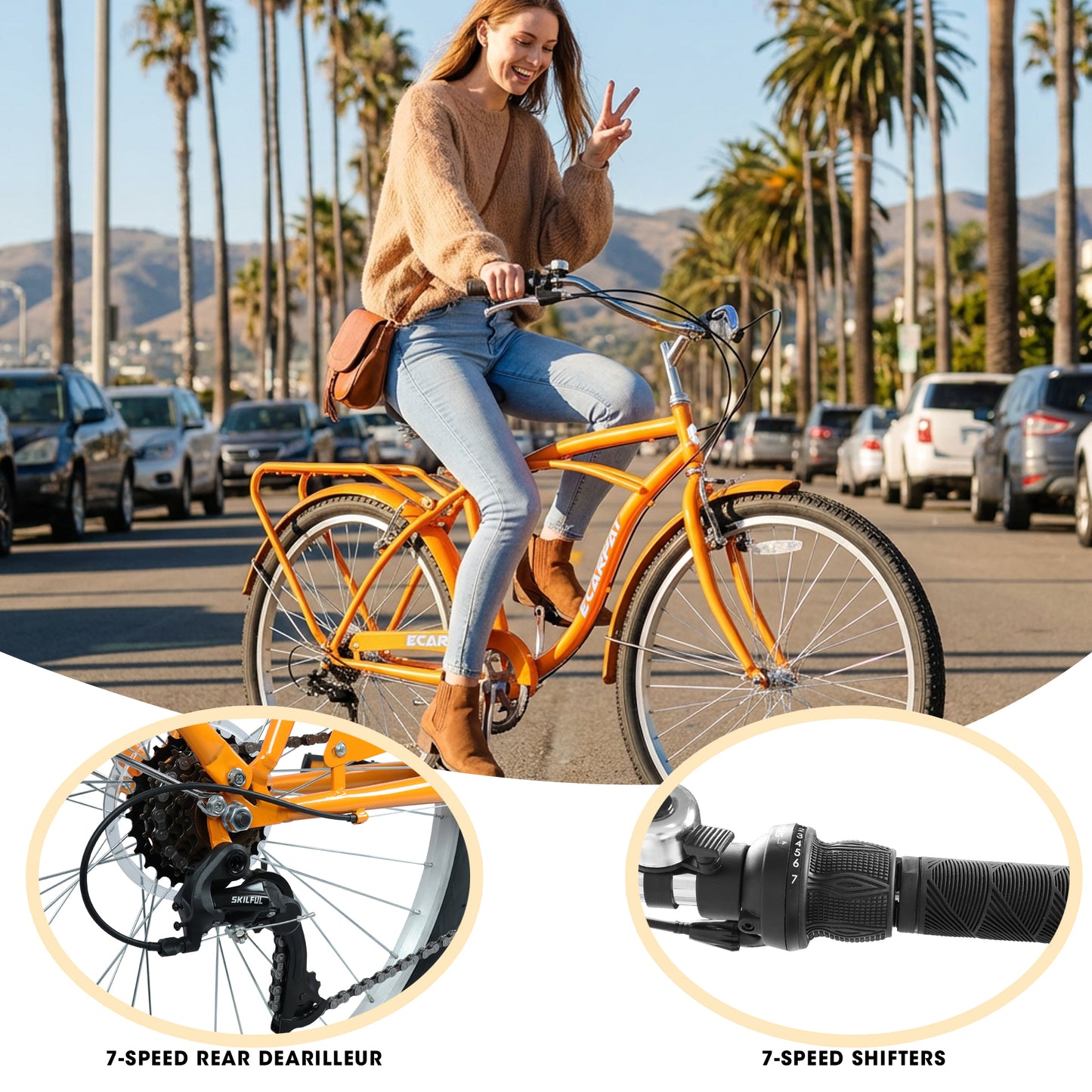 26" Beach Cruiser Bike for Women & Men, 7-Speed Comfort Cruiser Bicycle, High-Tensile Steel Frame, Alloy Wheels, V-Brakes, Adult Bike for Commuting, City Riding & Outdoor Recreation