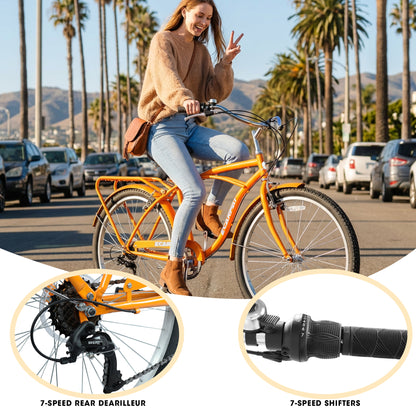 26" Beach Cruiser Bike for Women & Men, 7-Speed Comfort Cruiser Bicycle, High-Tensile Steel Frame, Alloy Wheels, V-Brakes, Adult Bike for Commuting, City Riding & Outdoor Recreation