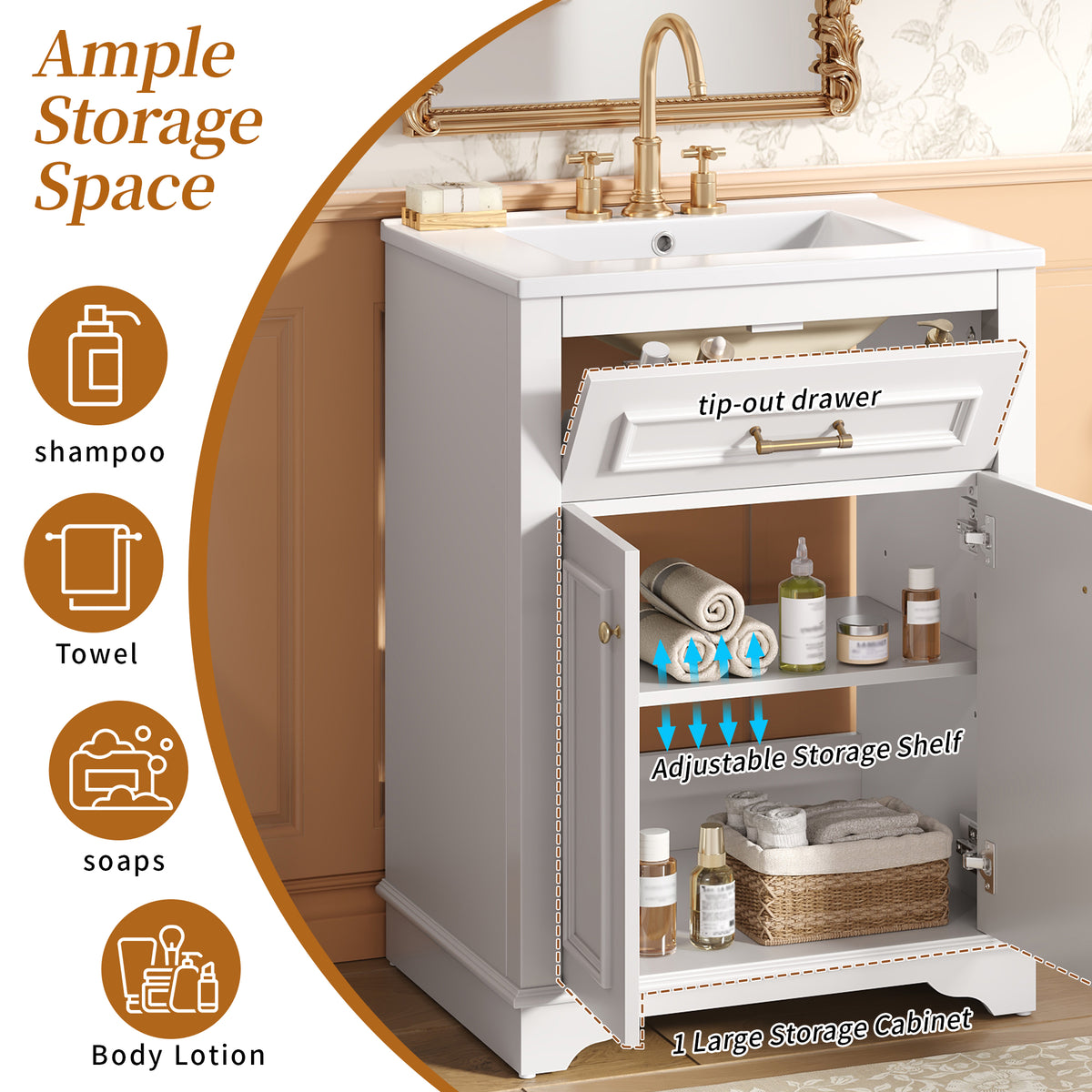 24" Bathroom Vanity with Sink, Small Bathroom Vanity with Tip-Out Drawer & Adjustable Storage, 3-Hole 4" Centerset Ceramic Sink with Overflow, Soft Close Door,White