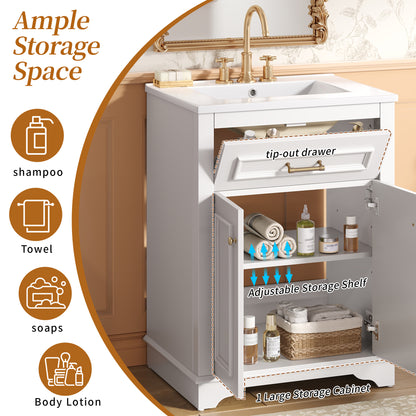 24" Bathroom Vanity with Sink, Small Bathroom Vanity with Tip-Out Drawer & Adjustable Storage, 3-Hole 4" Centerset Ceramic Sink with Overflow, Soft Close Door,White