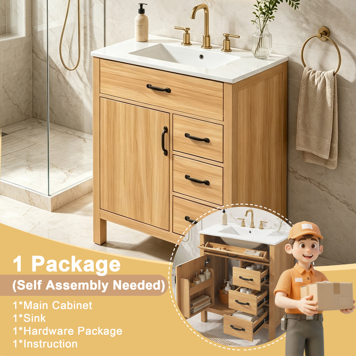 30" Bathroom Vanity with Sink, Bathroom Vanity with Tip-Out Drawer & 3 Drawers, Door Storage Rack, Ceramic Sink, Soft Close Slides, Black Handles,Acacia Wood