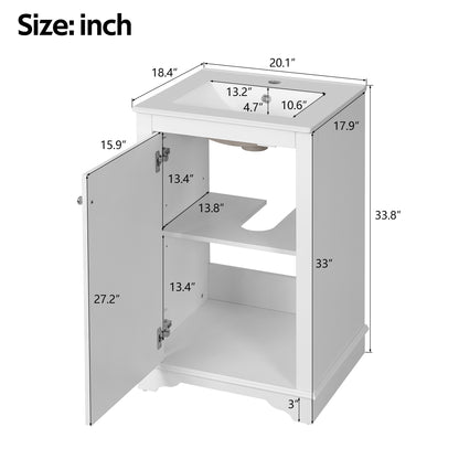 20" Shaker Style Bathroom Vanity with Sink, Small Bathroom Vanity Cabinet with Integrated Ceramic Sink, Soft Close Door, Solid Wood & MDF,White
