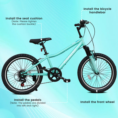 20 Inch Kids Mountain Bike, 7-Speed Drivetrain, Front Suspension, Durable Steel Frame, Bicycle for Boys & Girls Ages 6-10, Green, 85% Pre-Assembled