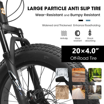 20" Fat Tire Bike for Boys & Girls, Fits Riders 48"-60" Tall, 7-Speed Mountain Bicycle with Dual Disc Brakes, Front Suspension Fork, High-Carbon Steel Frame, 20x4.0 Wide Tires