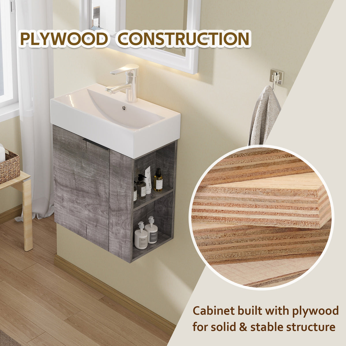 21.6" Floating Bathroom Vanity with Sink, Modern Wall Mounted Bathroom Vanity with Glossy White Ceramic Sink & Countertop, Soft Close Door, Plywood Storage Cabinet,Grey