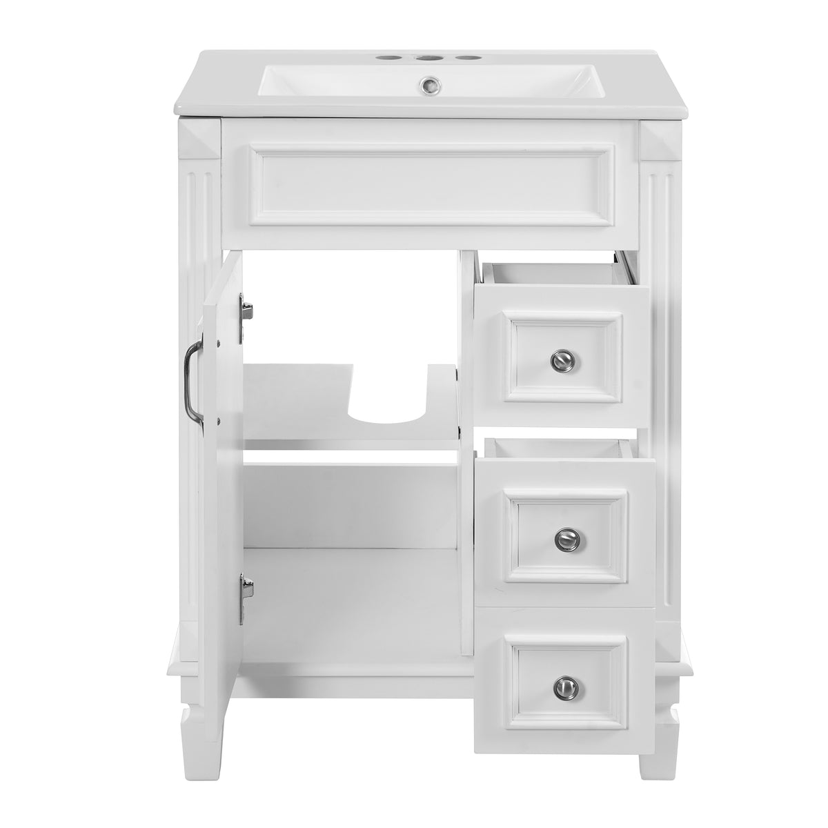 24" Bathroom Vanity with Sink, French Style Bathroom Vanity with 2 Deep Drawers & Adjustable Shelf, Ceramic Sink for 4-Inch Faucet, Soft Close Door,White
