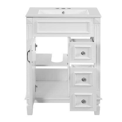 24" Bathroom Vanity with Sink, French Style Bathroom Vanity with 2 Deep Drawers & Adjustable Shelf, Ceramic Sink for 4-Inch Faucet, Soft Close Door,White
