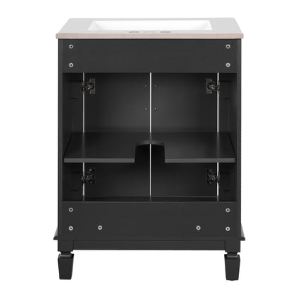 24" Bathroom Vanity with Sink, French Style Bathroom Vanity with Carved Legs & Drawer, Adjustable Shelf, Back Cutout for Plumbing, Soft Close Door,Black