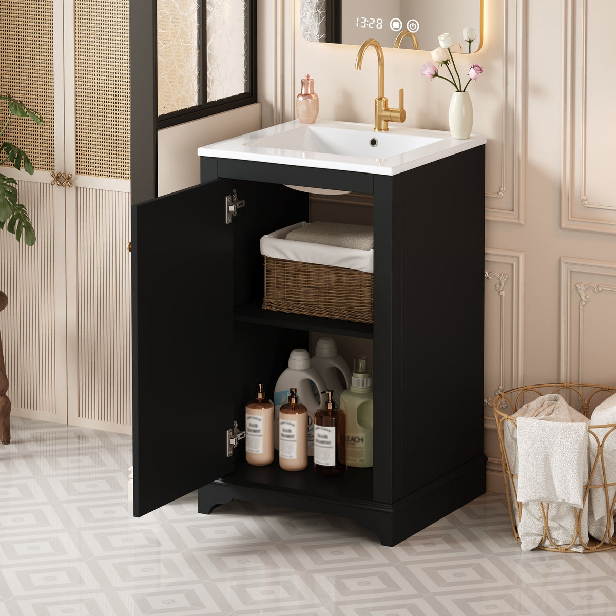 20" Shaker Style Bathroom Vanity with Sink, Small Bathroom Vanity Cabinet with Integrated Ceramic Sink, Soft Close Door, Solid Wood & MDF,Black