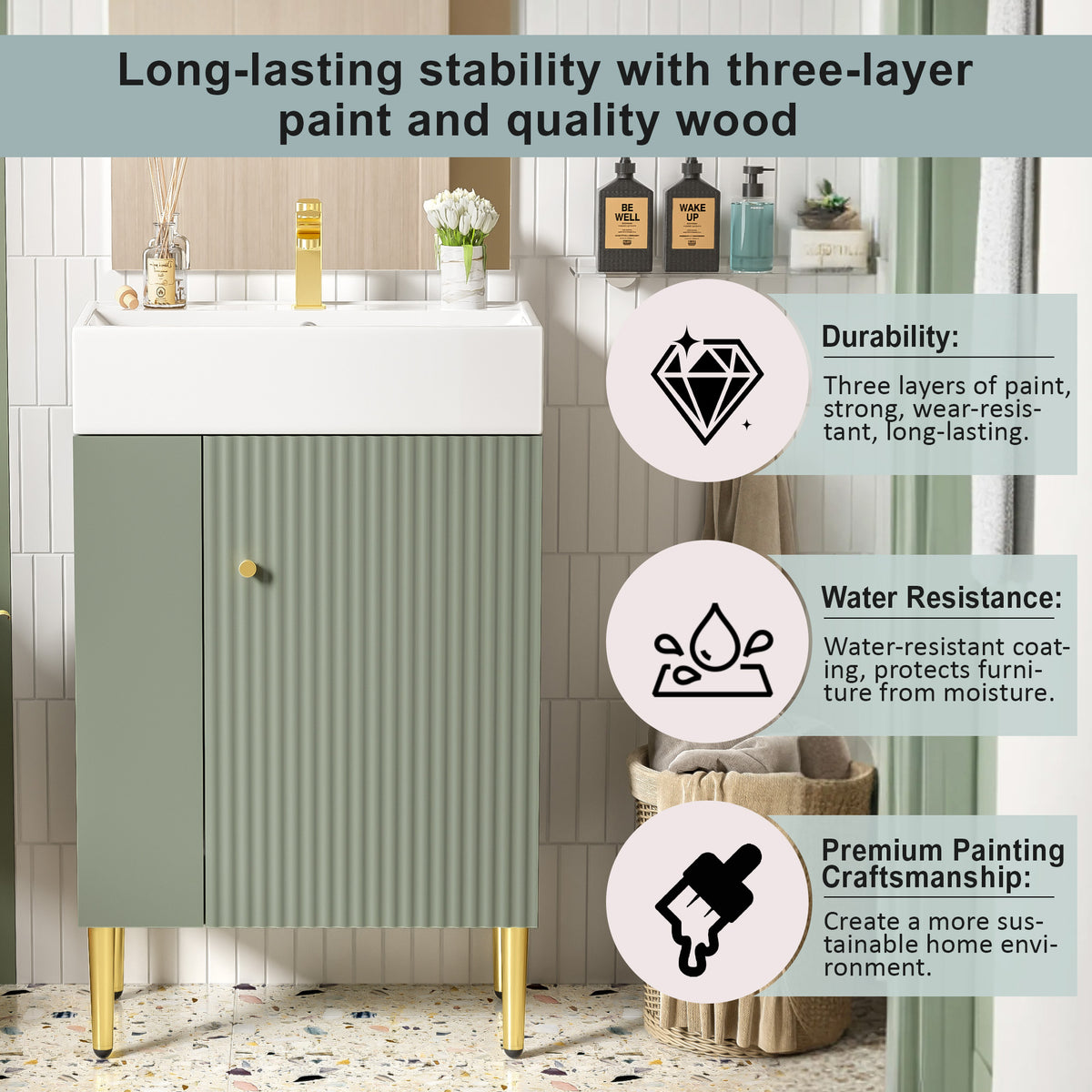 21.6" Bathroom Vanity with Sink, Slim Freestanding Bathroom Vanity Cabinet with Ceramic Sink & Overflow, Gold Metal Legs, Soft Close Door, for Small Bathroom,,Green