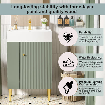 21.6" Bathroom Vanity with Sink, Slim Freestanding Bathroom Vanity Cabinet with Ceramic Sink & Overflow, Gold Metal Legs, Soft Close Door, for Small Bathroom,,Green