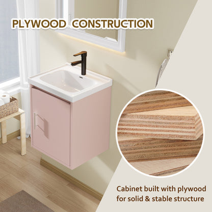 16" Floating Bathroom Vanity with Sink, Modern Wall Mounted Bathroom Vanity with Glossy White Ceramic Sink & Countertop, Soft Close Door, Plywood Storage Cabinet,Pink