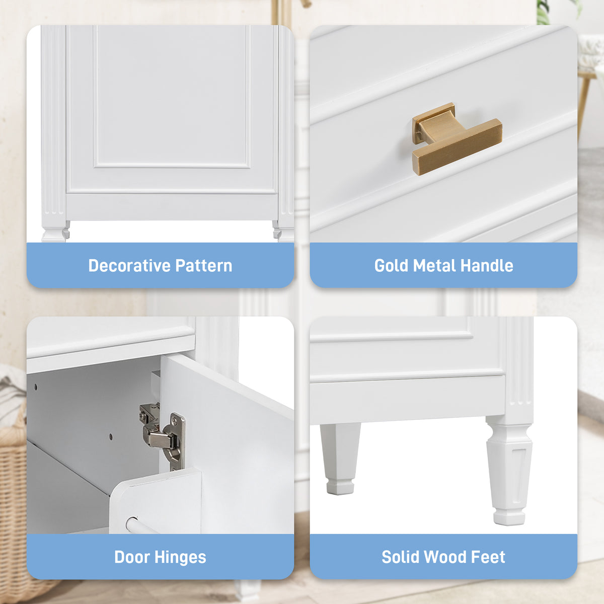 20" Bathroom Vanity with Sink, Small Freestanding Bathroom Vanity Cabinet with Tilt-Out Drawer & Adjustable Shelf, Soft Close Door, Gold Knobs,White